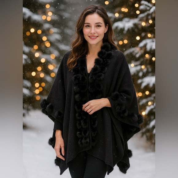 Black Faux-Fur Pom Pom Winter Shawl Shrug– One Size - Picture 3 of 9